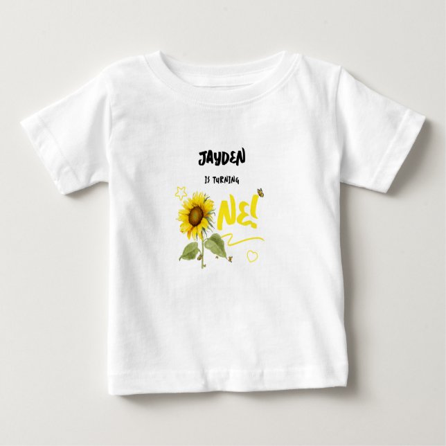 Camiseta Para Bebê Girassol em Aquarela com Borboletas 1º Aniversário (Frente)