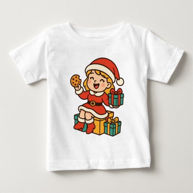 Camiseta Para Bebê Girl Santa with Cookies and Gifts (Frente)