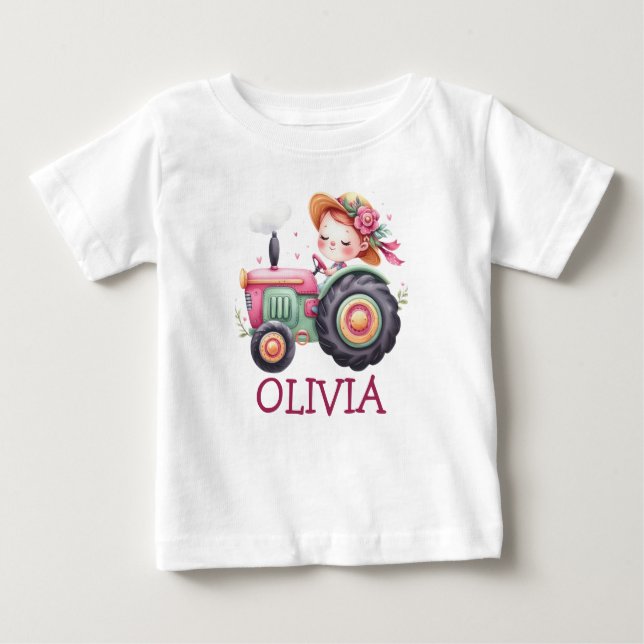 Camiseta Para Bebê Girls - Trator Rosa Bonito Personalizado (Frente)