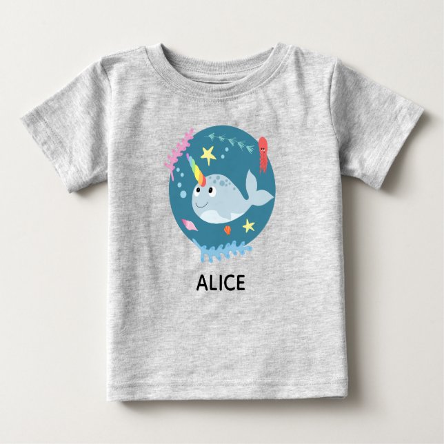 Camiseta Para Bebê Girls Trendy e Cute Rainbow Narwhal e Nome (Frente)
