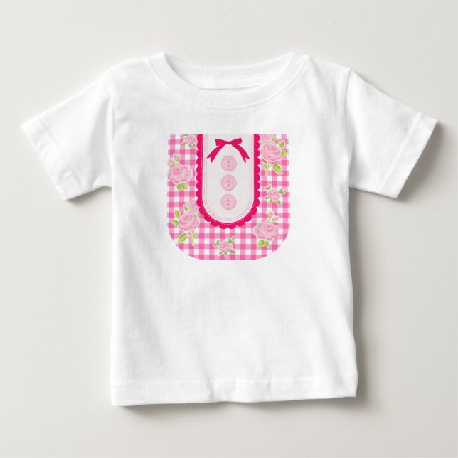 Camiseta Para Bebê Girly gingham check pattern with cute ribbon (Frente)