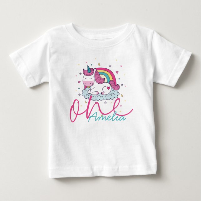 Camiseta Para Bebê Girly Unicorn primeiro aniversario (Frente)
