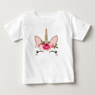 Camiseta Para Bebê Glitter Dourado & Unicórnio Floral Rosa na Moda