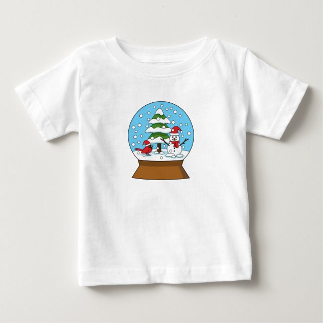 Camiseta Para Bebê Globo de Neve com Cardeal Snowman e Pine Tree (Frente)