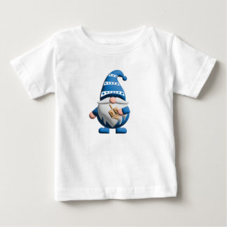 Camiseta Para Bebê Gnomo de Hanukkah Azul Branco segurando Dreidel