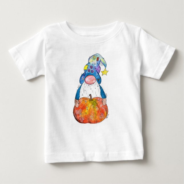 Camiseta Para Bebê Gnomo de outono branco, bonito, com abóbora (Frente)