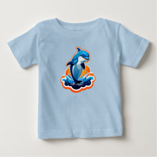Camiseta Para Bebê Golfinho Azul Saltando Sobre Ondas do Oceano
