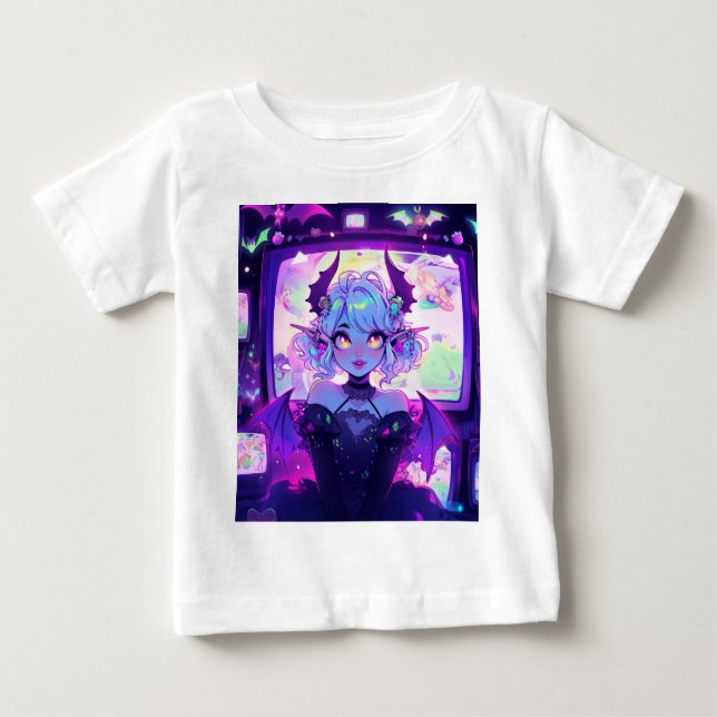 Camiseta Para Bebê Gótica Cyberpunk Demon Fantasy Anime Girl (Frente)