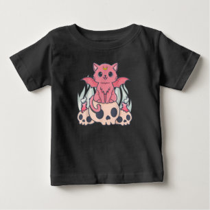 Camiseta Para Bebê Gótico Kawaii Pastel Gato e Crânio de Demônio C