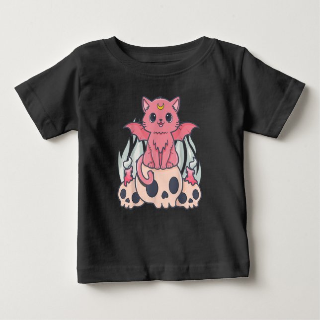 Camiseta Para Bebê Gótico Kawaii Pastel Gato e Crânio de Demônio Cére (Frente)