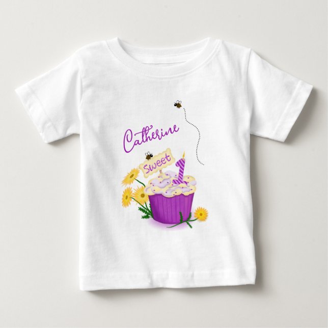 Camiseta Para Bebê Grático Floral Pastel Amarelo Roxo Aniversário de  (Frente)
