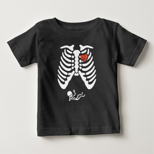 Camiseta Para Bebê Gravidez esquelética assustadora bebê abóbora de H (Frente)