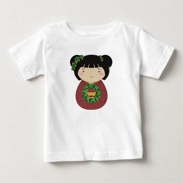 Camiseta Para Bebê Grinalda do Natal de Kokeshi (Frente)