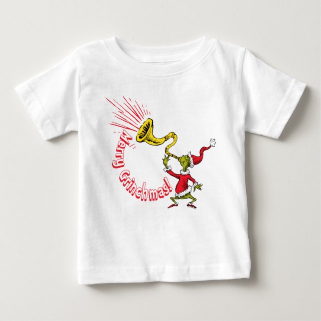 Camiseta Para Bebê Grinch Blowing the Merry Grinchmas Horn (Frente)