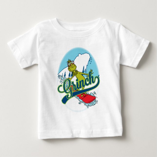 Camiseta Para Bebê Grinch fazendo snowboarding (Frente)