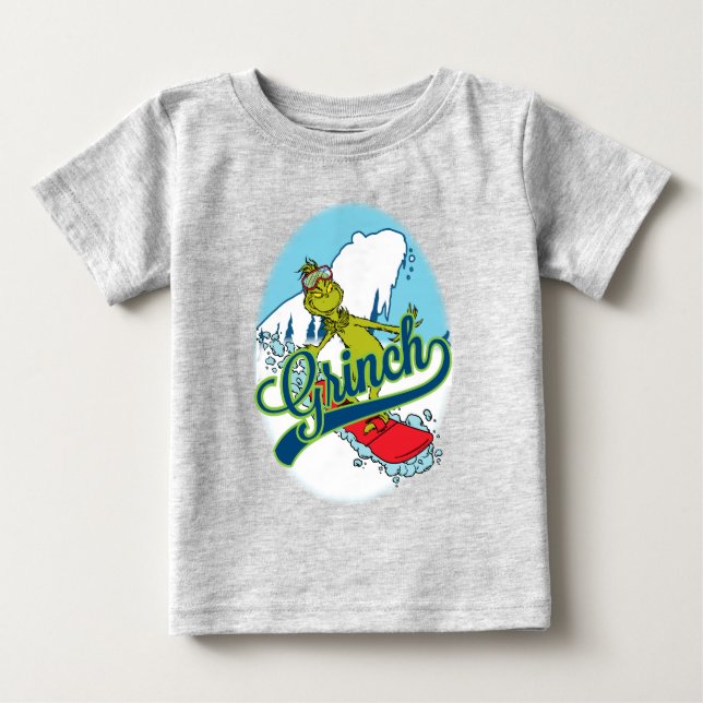 Camiseta Para Bebê Grinch fazendo snowboarding (Frente)