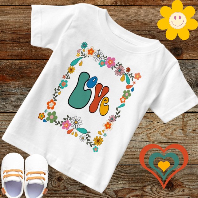 Camiseta Para Bebê Groovy Baby LOVE floresce 70 anos inspirado (Criador carregado)
