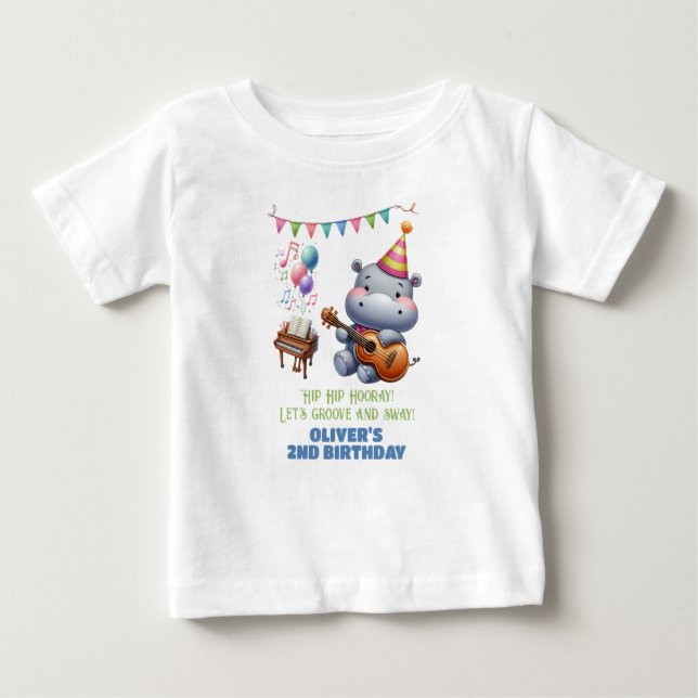 Camiseta Para Bebê "Groovy Hippo Birthday Bash Bonanza!" Convite (Frente)