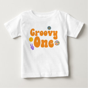 Camiseta Para Bebê Groovy One Retro 70's 1º Aniversário Laranja