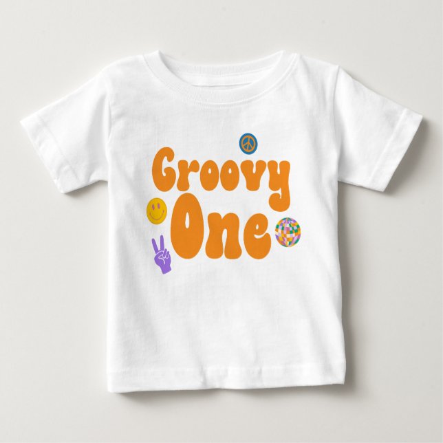 Camiseta Para Bebê Groovy One Retro 70's 1º Aniversário Laranja  (Frente)