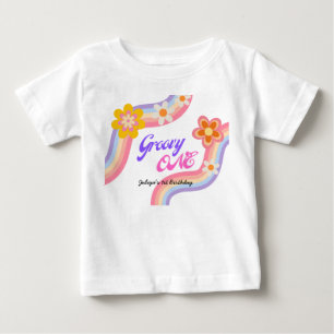Camiseta Para Bebê Groovy One Retro Rainbow primeiro aniversario