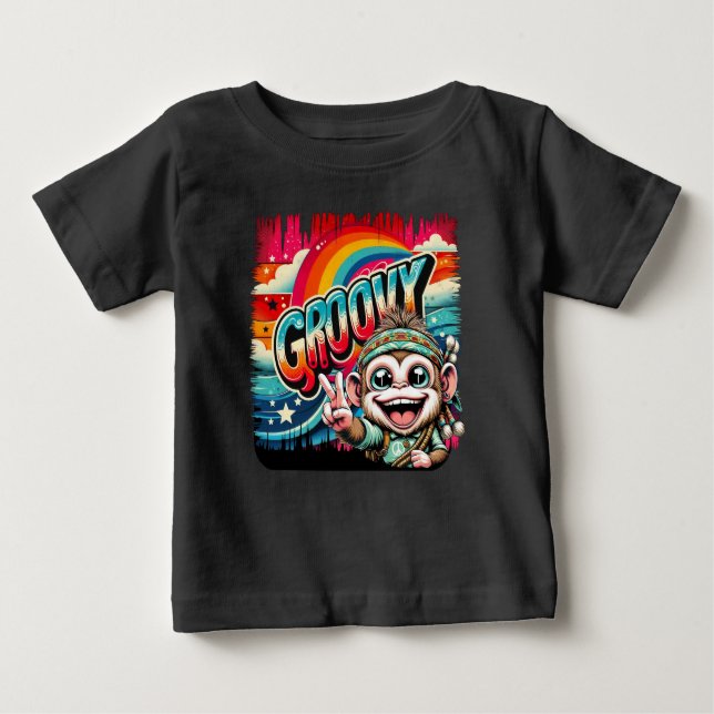 Camiseta Para Bebê Groovy Peace Monkey Baby Tee - 60s Vibe (Frente)
