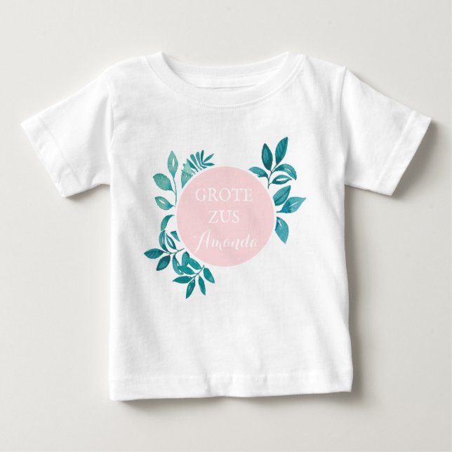 Camiseta Para Bebê Grote zus aanpasbaar naam met waterkleur floras (Frente)