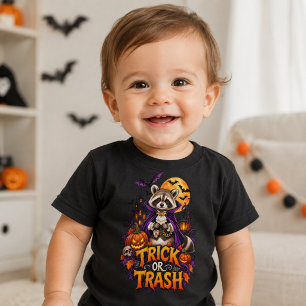 Camiseta Para Bebê Guaxinim Vampire de Halloween Truque ou Lixo para