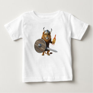 Camiseta Para Bebê Guerreiro Leão Viking Engraçado com Escudo e Frang
