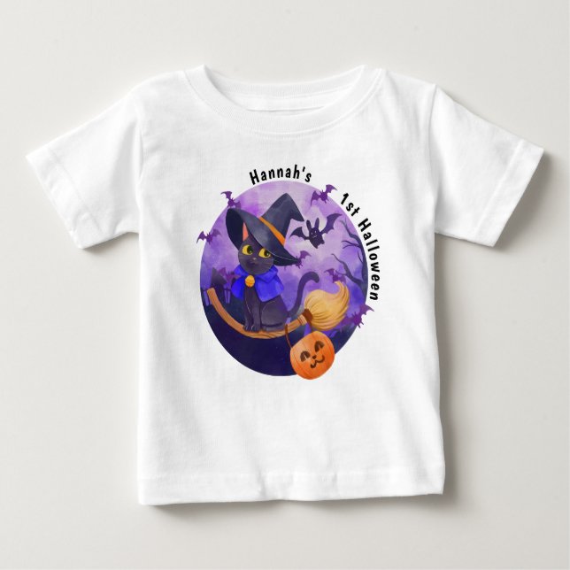 Camiseta Para Bebê Halloween Baby Cute Cat Witch Nome Personalizado (Frente)