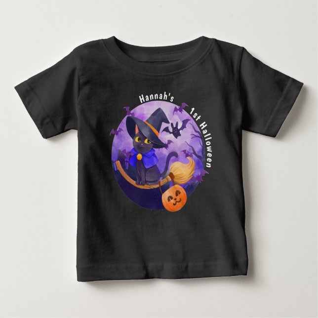 Camiseta Para Bebê Halloween Baby Cute Cat Witch Nome Personalizado (Frente)