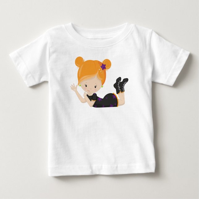 Camiseta Para Bebê Halloween, Bruxa, Cabelo Laranja, Truque Ou Tratar (Frente)