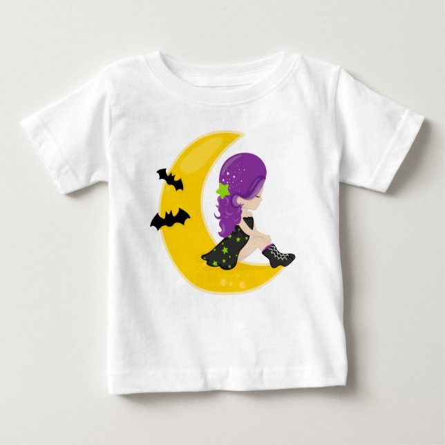 Camiseta Para Bebê Halloween, Bruxa Na Lua, Bat, Truque Ou Tratamento (Frente)