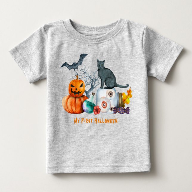 Camiseta Para Bebê Halloween Composição Meu Primeiro Dia das Bruxas (Frente)