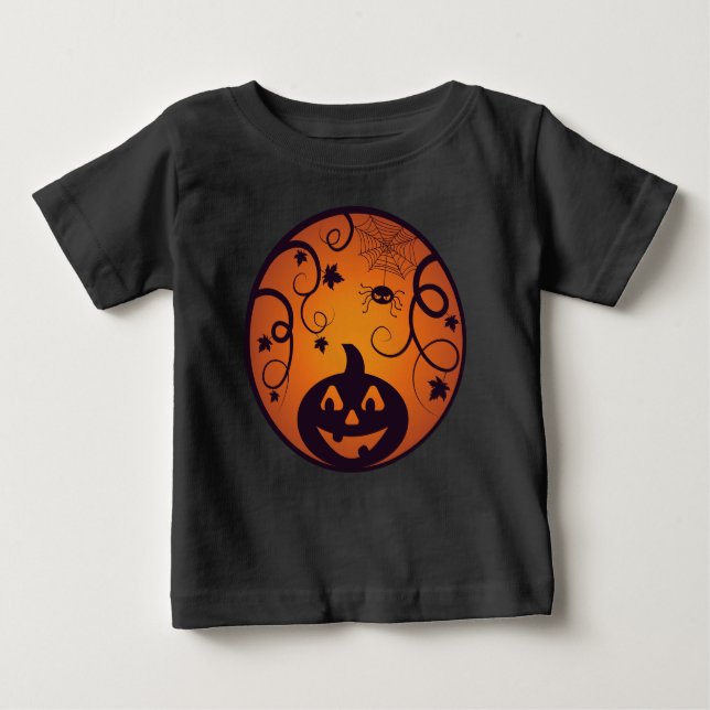 Camiseta Para Bebê Halloween Jack ou lanterna abóbora face e aranha (Frente)