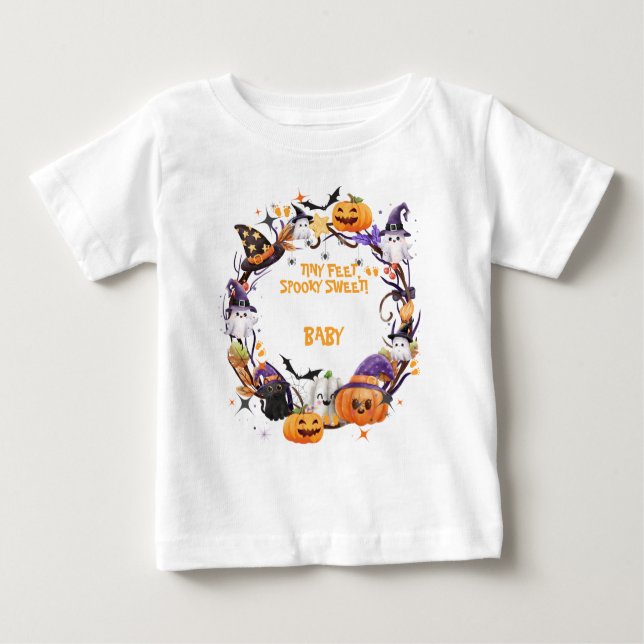 Camiseta Para Bebê Halloween Pés Minúsculos, Chá de fraldas Doce (Frente)