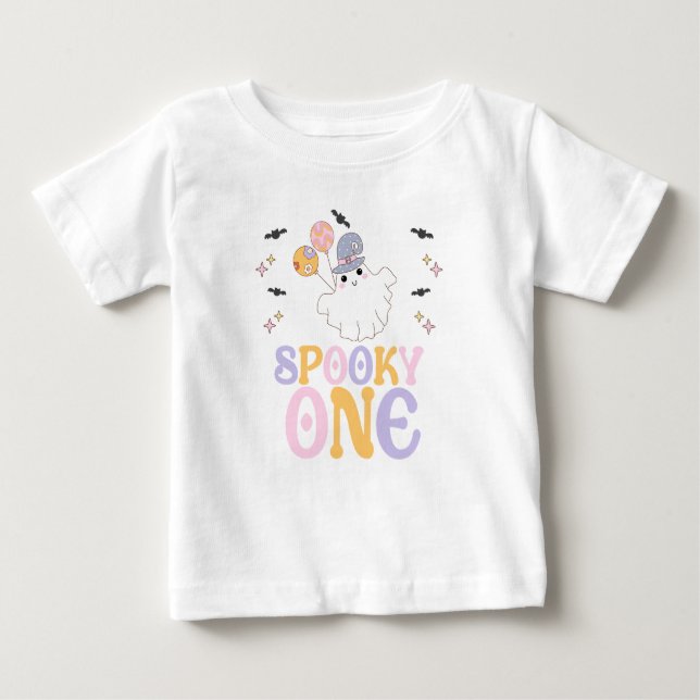 Camiseta Para Bebê Halloween Roxo Assustador Um Aniversário de 1 ano  (Frente)