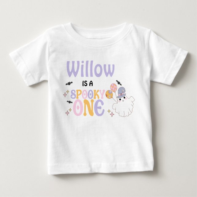 Camiseta Para Bebê Halloween Roxo Assustador Um Aniversário de 1 ano  (Frente)