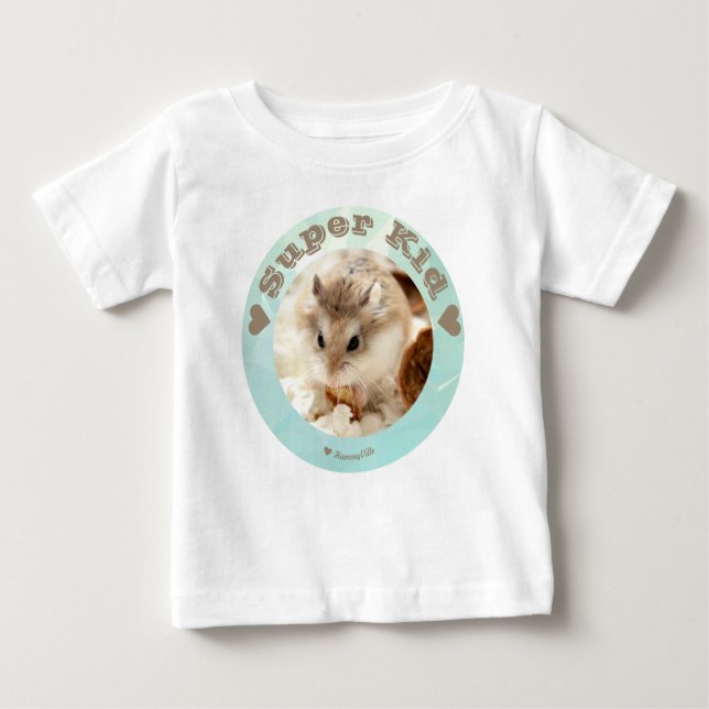 Camiseta Para Bebê HammyVille - Hamster Branco Marrom - Super Criança (Frente)