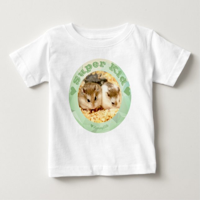 Camiseta Para Bebê HammyVille - Hamster Branco Marrom - Super Criança (Frente)