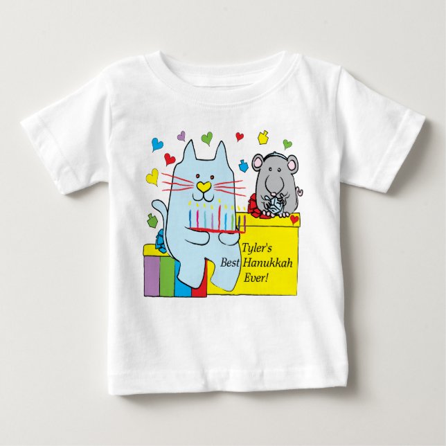 Camiseta Para Bebê Hanukkah Baby T-Shirt Blue Cat and Mouse (Frente)