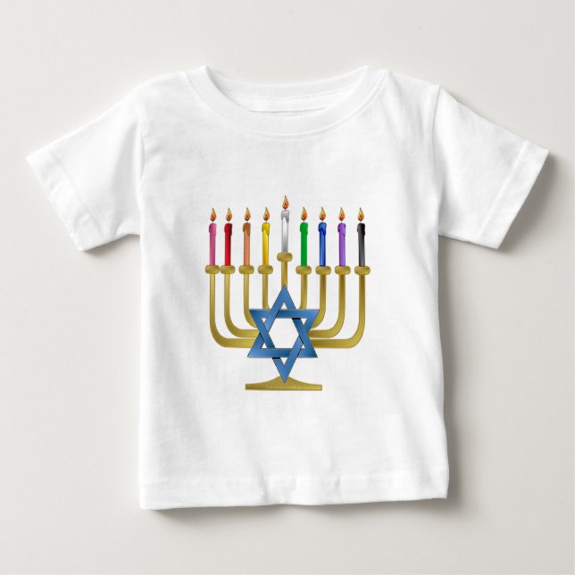 Camiseta Para Bebê Hanukkah Rainbow Candles Dourados Menorah (Frente)