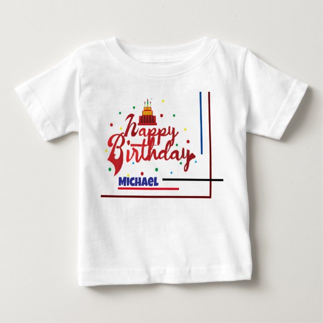 Camiseta Para Bebê Happy Birthday Custom Name Modern Elegant Gift (Frente)