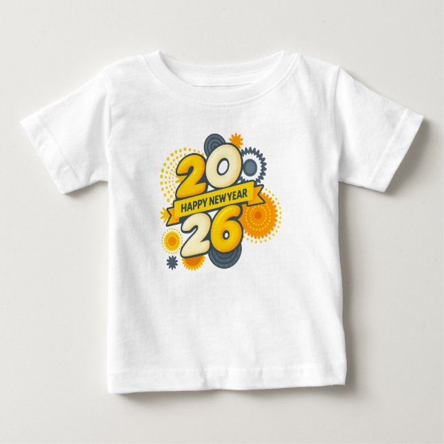 Camiseta Para Bebê  Happy New Year 2026 Retro Gear Burst Tee (Frente)
