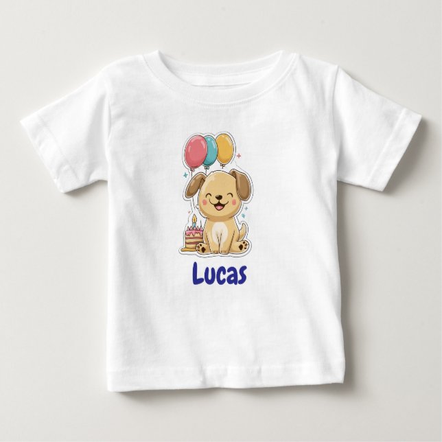 Camiseta Para Bebê Happy Puppy, Boy, Let's Pawty, 1st Birthday  (Frente)