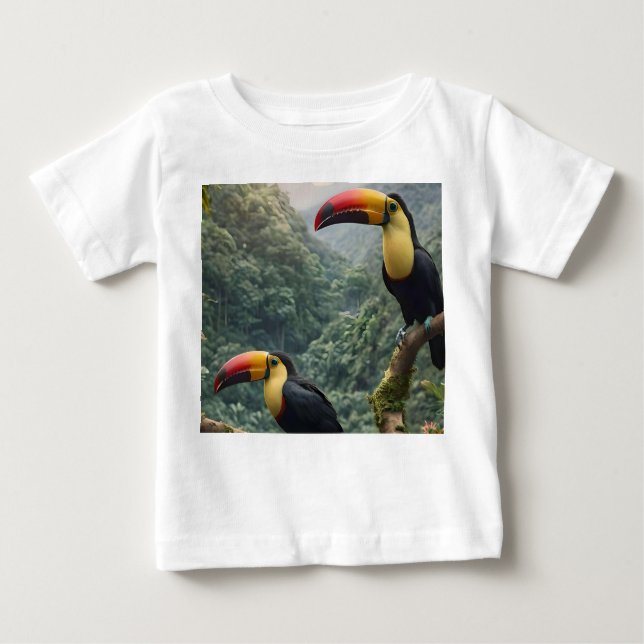 Camiseta Para Bebê Harmonia Tropical: Dois Tucanos no Dossel (Frente)