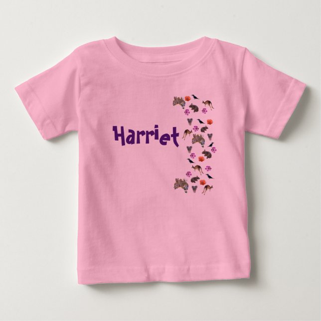 Camiseta Para Bebê Harriet, Nome Com Animais Australianos,  (Frente)