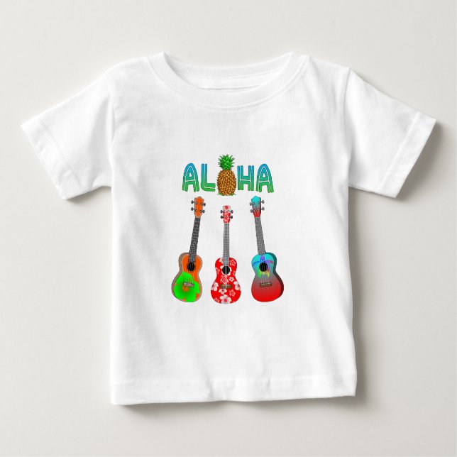 Camiseta Para Bebê Havaiano Ukulele Aloha Havaí (Frente)