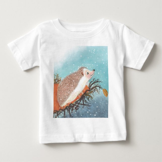 Camiseta Para Bebê Hedgehog e primeiros flocos de neve (Frente)