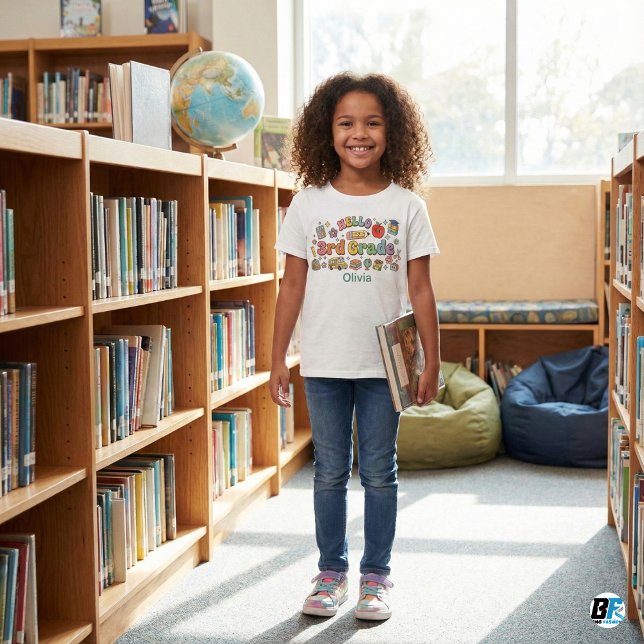 Camiseta Para Bebê Hello 3rd Grade Retro Groovy Custom Name Kids (Criador carregado)